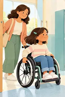 A wheelchair-using child and caregiver look into a spacious accessible bathroom with grab rails and a lowered sink