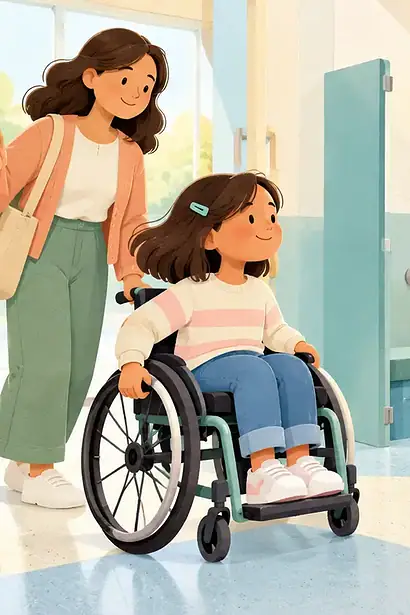 A wheelchair-using child and caregiver look into a spacious accessible bathroom with grab rails and a lowered sink