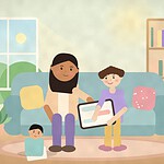 Illustration of a parent and a child on a living room sofa looking together at a tablet, with a younger sibling drawing on the rug nearby