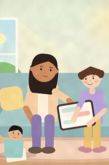 Illustration of a parent and a child on a living room sofa looking together at a tablet, with a younger sibling drawing on the rug nearby