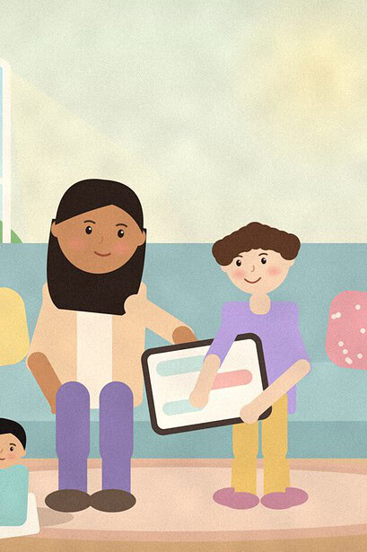Illustration of a parent and a child on a living room sofa looking together at a tablet, with a younger sibling drawing on the rug nearby