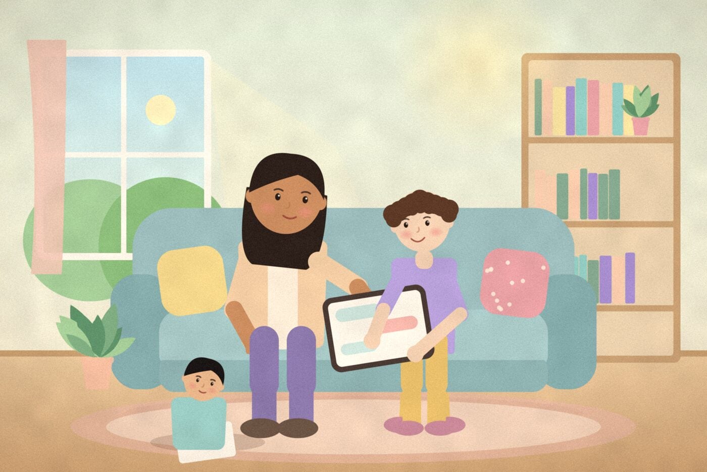 Illustration of a parent and a child on a living room sofa looking together at a tablet, with a younger sibling drawing on the rug nearby