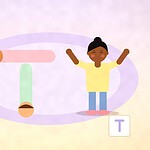 Illustration of two children lying on a floor mat to make the letter T with their bodies, seen from above, while another child cheers