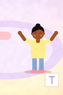 Illustration of two children lying on a floor mat to make the letter T with their bodies, seen from above, while another child cheers