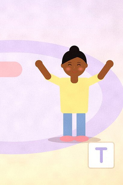 Illustration of two children lying on a floor mat to make the letter T with their bodies, seen from above, while another child cheers