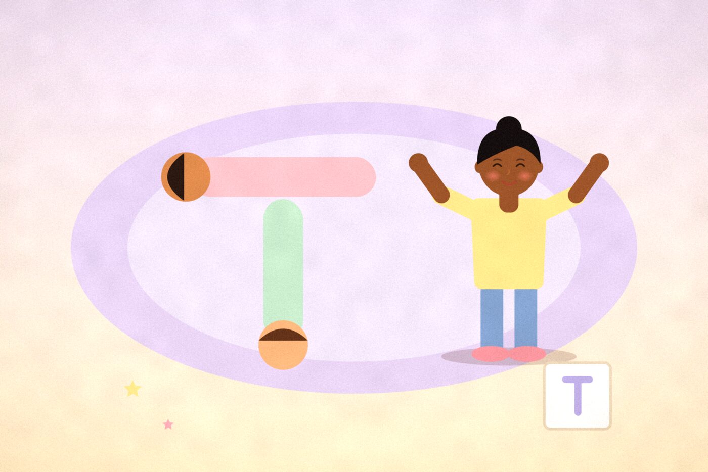 Illustration of two children lying on a floor mat to make the letter T with their bodies, seen from above, while another child cheers