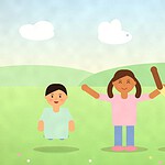 Illustration of three children in a meadow pretending to be a hopping frog, a butterfly and a tree, with a rabbit-shaped cloud overhead