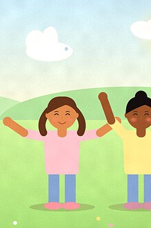 Illustration of three children in a meadow pretending to be a hopping frog, a butterfly and a tree, with a rabbit-shaped cloud overhead
