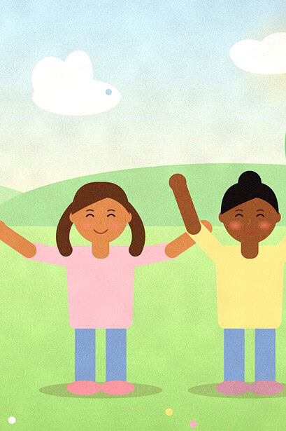 Illustration of three children in a meadow pretending to be a hopping frog, a butterfly and a tree, with a rabbit-shaped cloud overhead