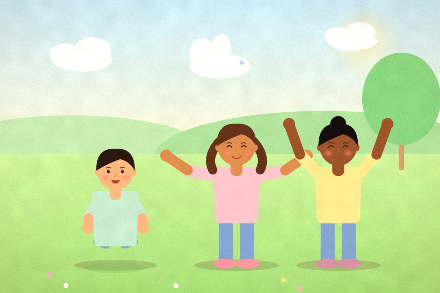 Illustration of three children in a meadow pretending to be a hopping frog, a butterfly and a tree, with a rabbit-shaped cloud overhead