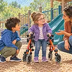 Caregiver guiding a respectful conversation between children beside a mobility walker