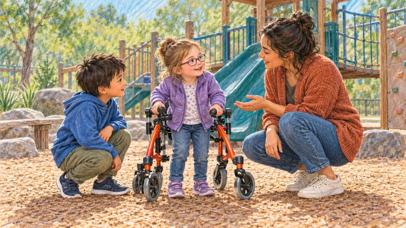 Caregiver guiding a respectful conversation between children beside a mobility walker