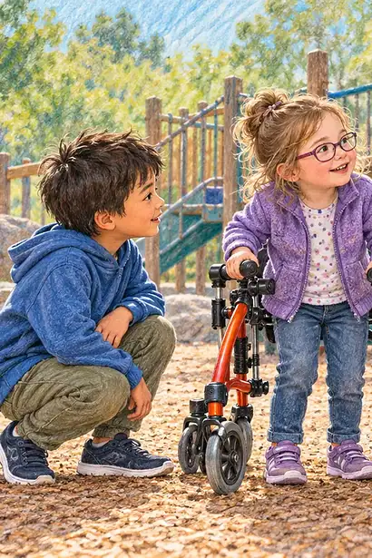 Caregiver guiding a respectful conversation between children beside a mobility walker