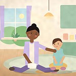 Illustration of a parent sitting on the kitchen floor with an arm around a child beside a spilled cup, the two leaning close together in warm window light