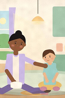 Illustration of a parent sitting on the kitchen floor with an arm around a child beside a spilled cup, the two leaning close together in warm window light