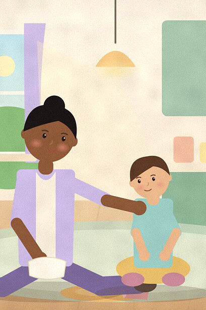 Illustration of a parent sitting on the kitchen floor with an arm around a child beside a spilled cup, the two leaning close together in warm window light