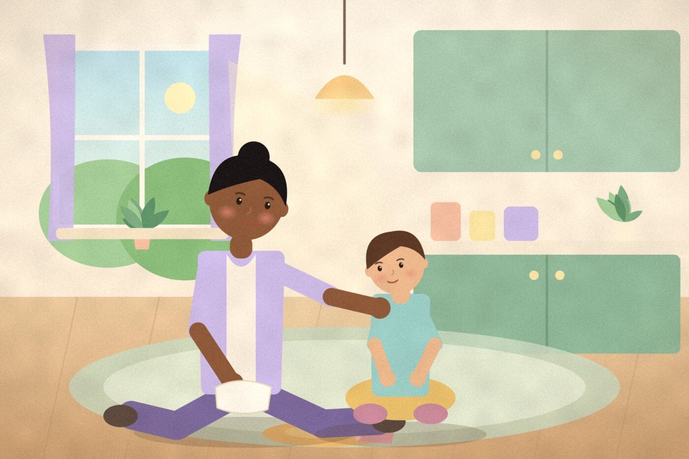 Illustration of a parent sitting on the kitchen floor with an arm around a child beside a spilled cup, the two leaning close together in warm window light