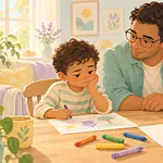 Pastel illustration of a father listening to a child who is upset about a drawing