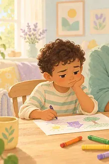 Pastel illustration of a father listening to a child who is upset about a drawing