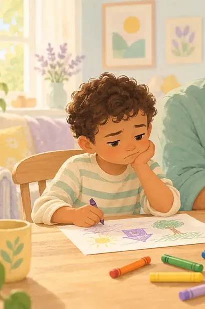 Pastel illustration of a father listening to a child who is upset about a drawing