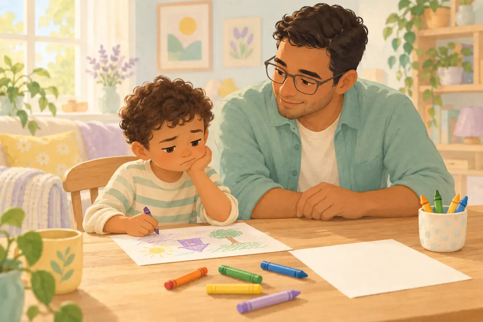 Pastel illustration of a father listening to a child who is upset about a drawing