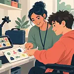 A wheelchair-using teen and teaching assistant check devices, mounts, charging cables and a paper communication backup