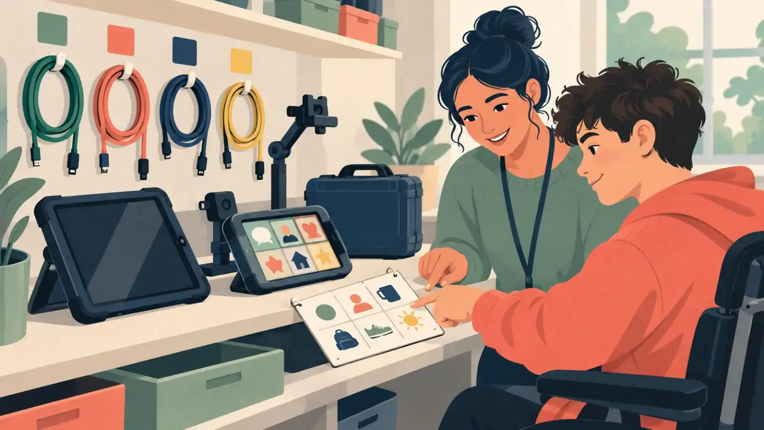 A wheelchair-using teen and teaching assistant check devices, mounts, charging cables and a paper communication backup
