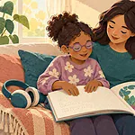 A child reads braille beside a parent with a picture book and headphones nearby