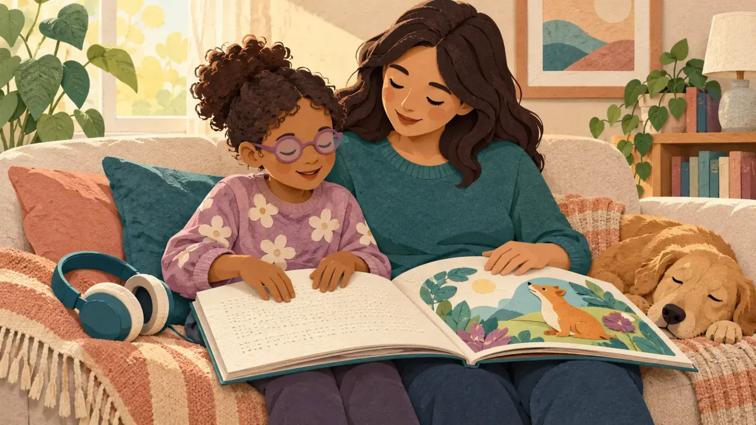 A child reads braille beside a parent with a picture book and headphones nearby