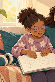 A child reads braille beside a parent with a picture book and headphones nearby