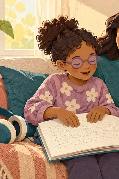 A child reads braille beside a parent with a picture book and headphones nearby
