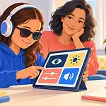 A low-vision student adjusts accessibility controls on a tablet while a parent watches