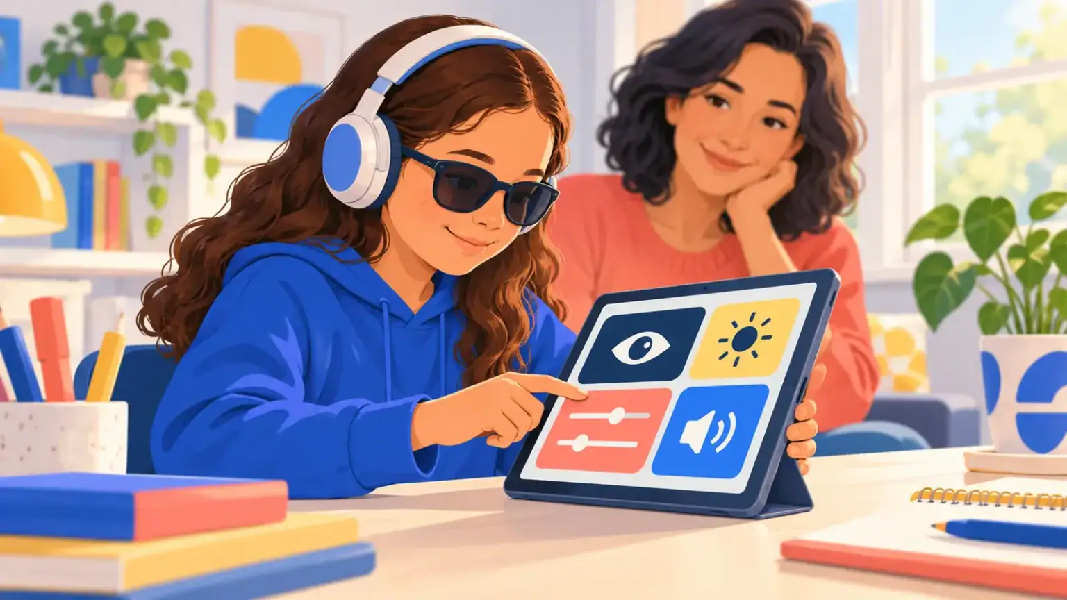 A low-vision student adjusts accessibility controls on a tablet while a parent watches