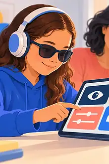 A low-vision student adjusts accessibility controls on a tablet while a parent watches