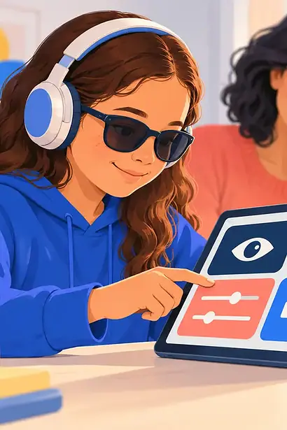 A low-vision student adjusts accessibility controls on a tablet while a parent watches
