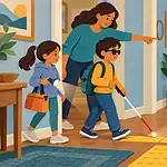 A blind child uses a white cane while a family practises a calm emergency route at home