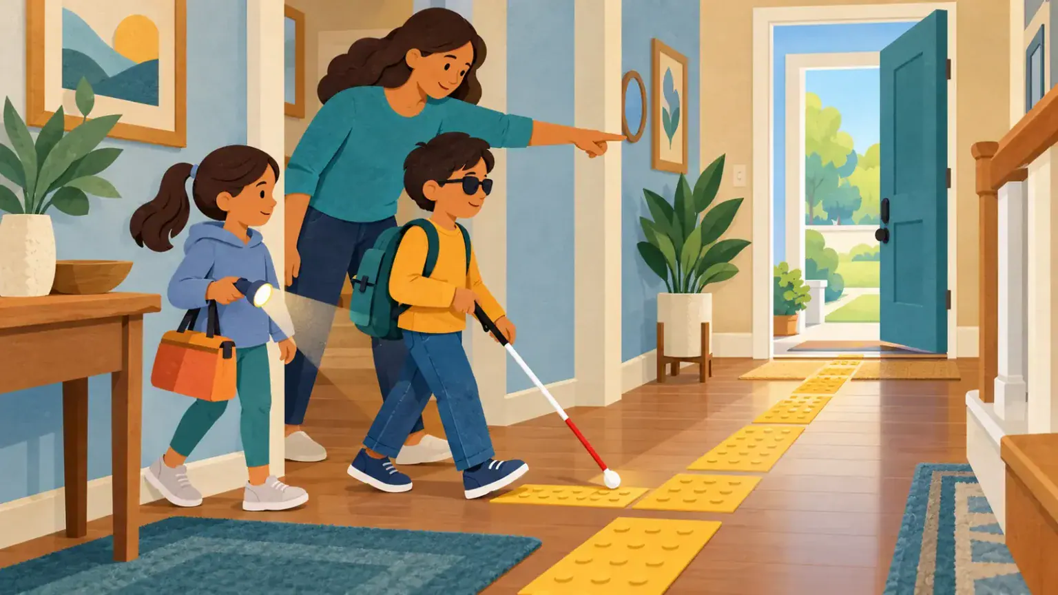 A blind child uses a white cane while a family practises a calm emergency route at home