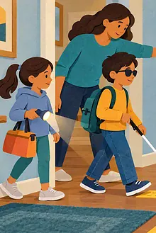 A blind child uses a white cane while a family practises a calm emergency route at home
