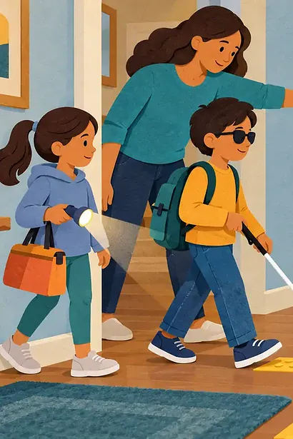 A blind child uses a white cane while a family practises a calm emergency route at home