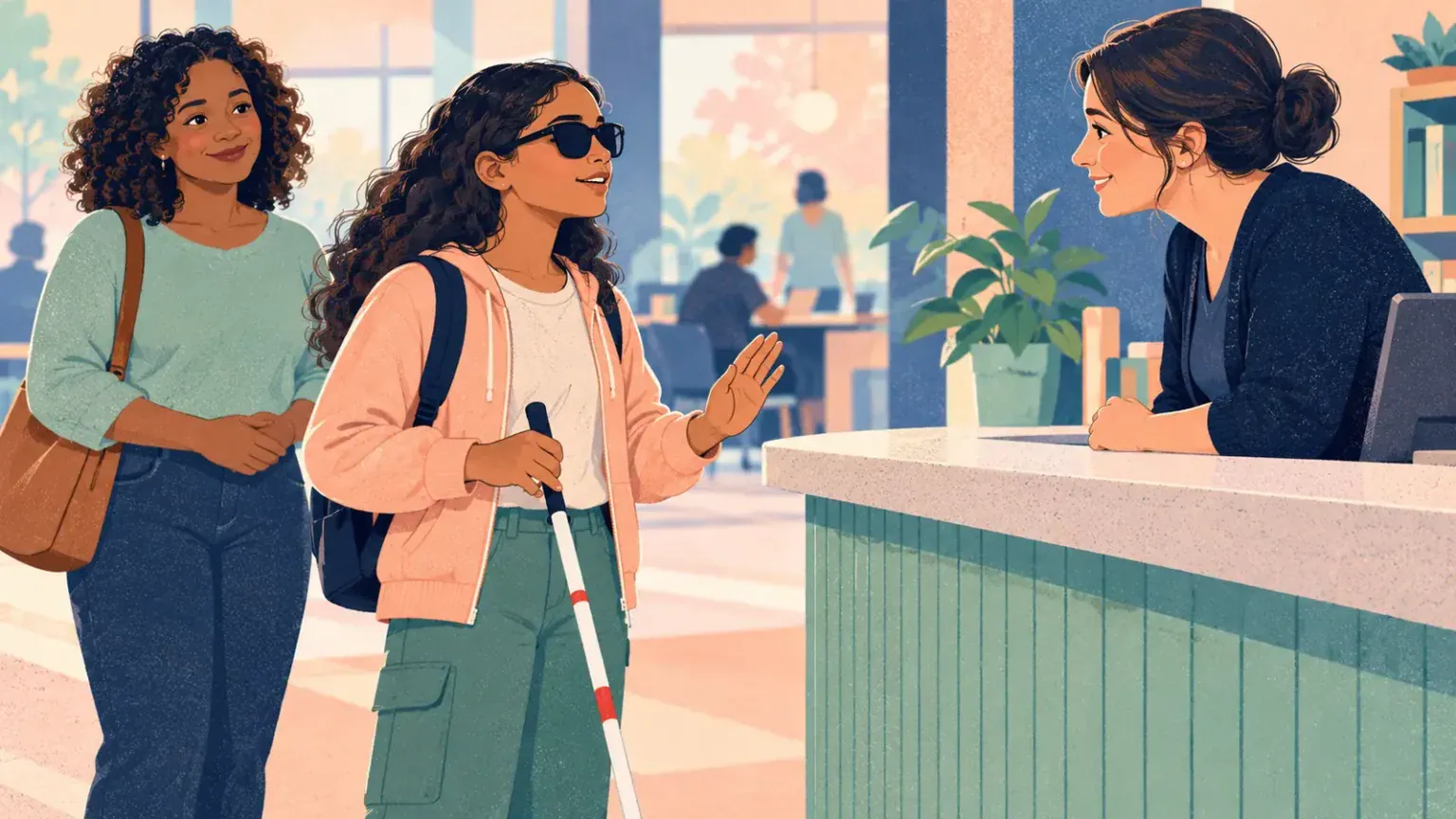 A blind teenager using a white cane explains a preference to an adult while a parent waits behind