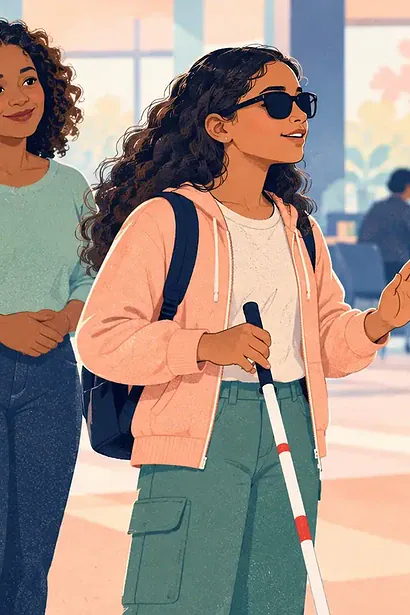 A blind teenager using a white cane explains a preference to an adult while a parent waits behind