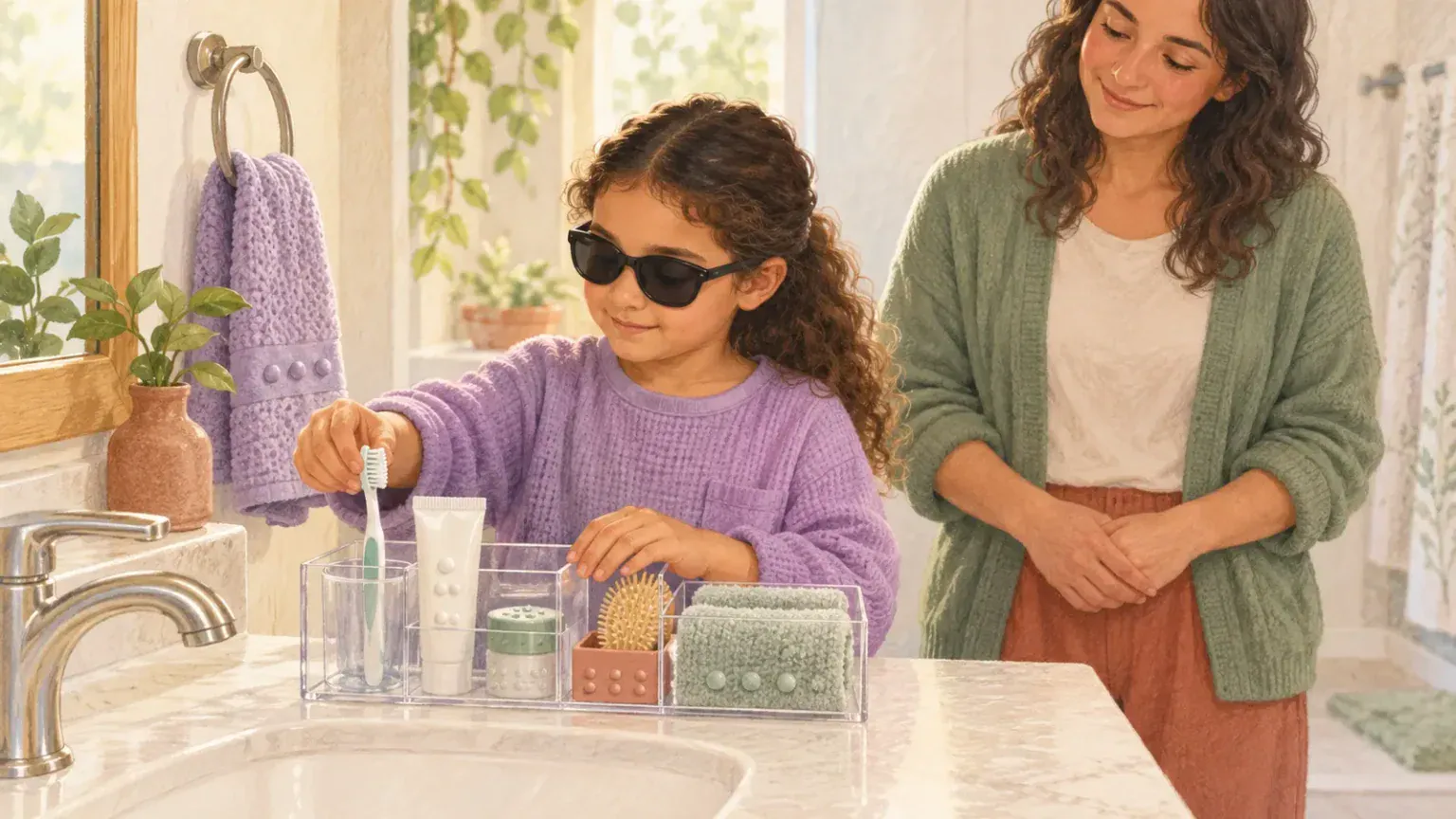 A blind child organizes toiletries at a sink while a caregiver waits nearby