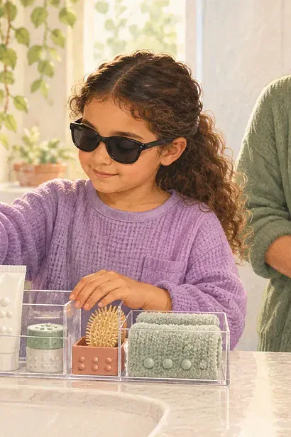 A blind child organizes toiletries at a sink while a caregiver waits nearby