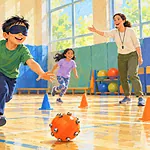 A blind child runs toward an audible ball with classmates during an inclusive gym activity