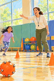 A blind child runs toward an audible ball with classmates during an inclusive gym activity