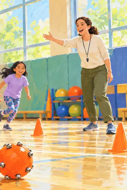 A blind child runs toward an audible ball with classmates during an inclusive gym activity