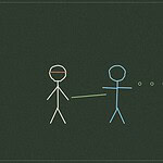 Chalkboard-style line drawing of a blindfolded figure being led by the hand by another figure, with a dotted path ahead, representing a trust-building walk