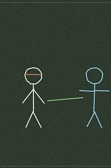 Chalkboard-style line drawing of a blindfolded figure being led by the hand by another figure, with a dotted path ahead, representing a trust-building walk