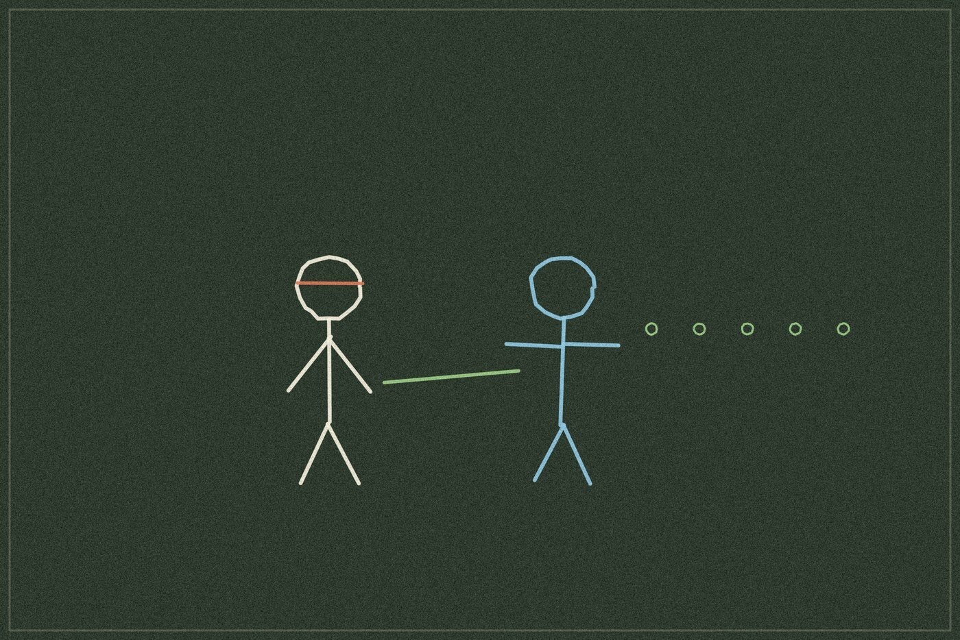 Chalkboard-style line drawing of a blindfolded figure being led by the hand by another figure, with a dotted path ahead, representing a trust-building walk