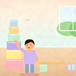 Illustration of a child adding a box to a tall tower of colourful boxes beside a lolly stick bridge and a row of bottles